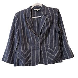 Cabi Jacket Womens Size 10 Blue White Striped 100% Linen Blazer 3/4 Sleeve